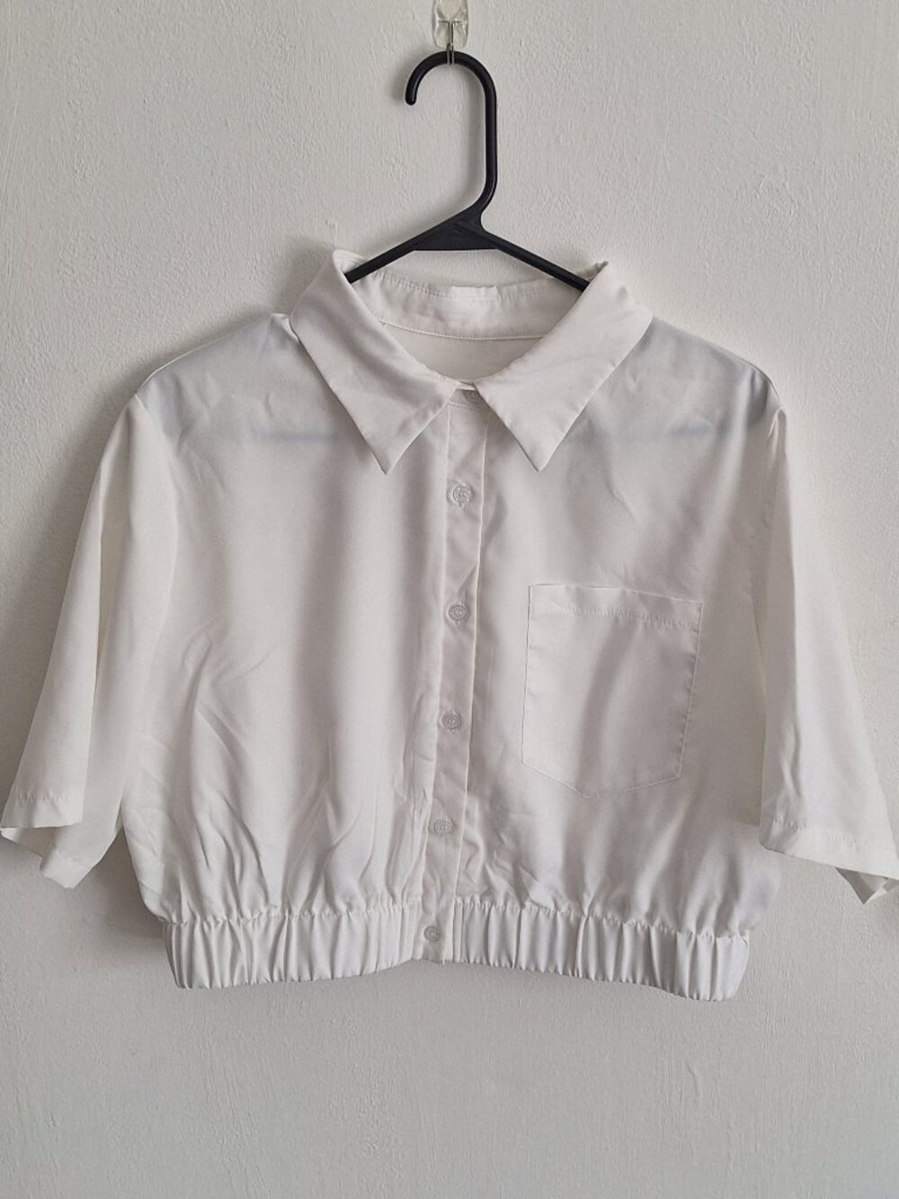 SHEIN White Solid Cropped Collared Button-Up Short Sleeve Top Women XL